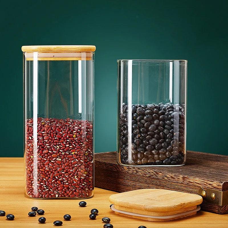 Square Glass Storage Jars with Bamboo Lid for Coffee Beans Grains Noodles food Storage Containers  Kitchen Organizers Storage