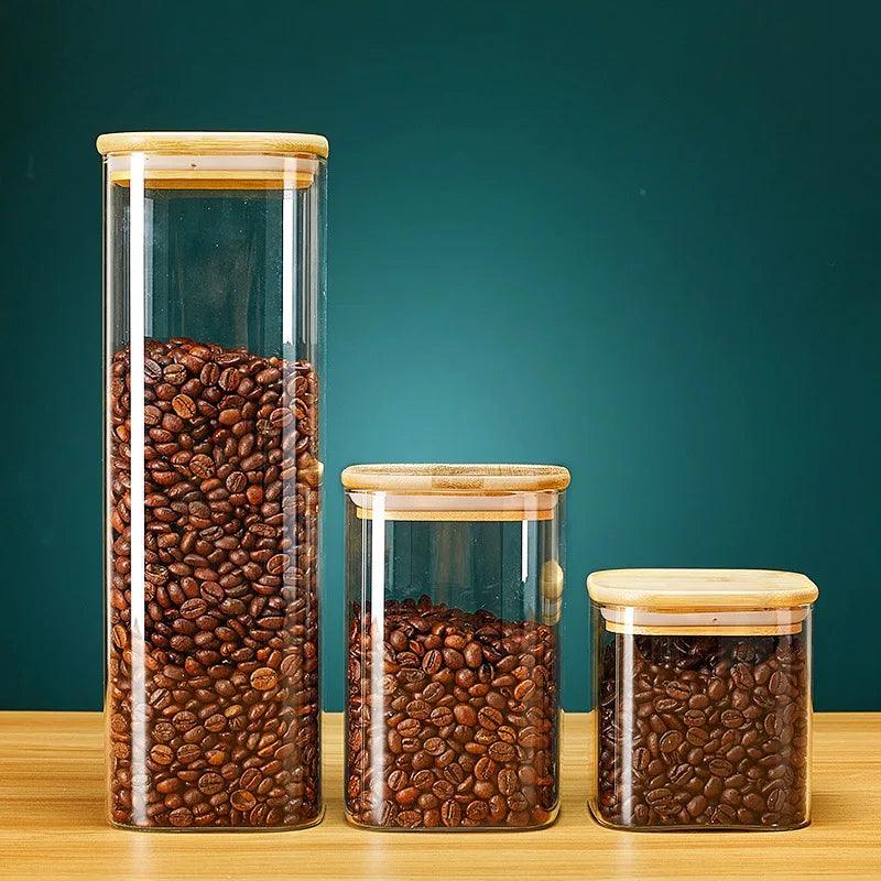 Square Glass Storage Jars with Bamboo Lid for Coffee Beans Grains Noodles food Storage Containers  Kitchen Organizers Storage