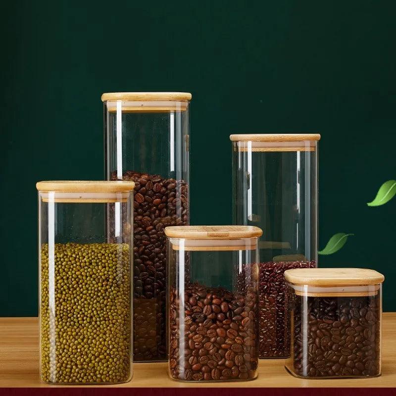 Square Glass Storage Jars with Bamboo Lid for Coffee Beans Grains Noodles food Storage Containers  Kitchen Organizers Storage