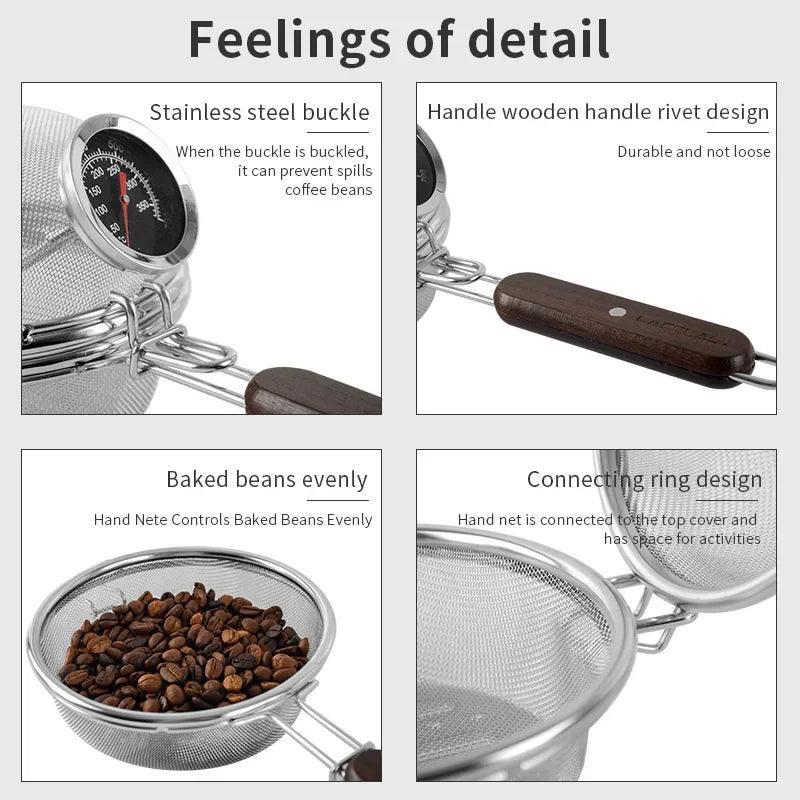 Wooden Handle Stainless Steel Coffee Roaster Net with Thermometer Fried Bean Roasting Net Home Open Fire Coffee Bean Roaster