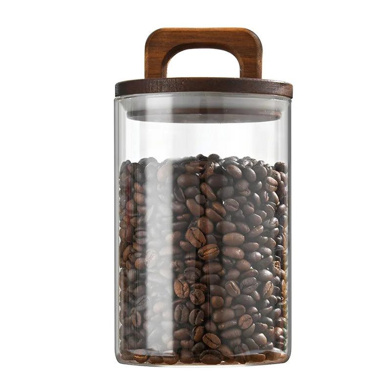 Wood Lid Glass jar Airtight Canister Food Container Tea Coffee Beans Kitchen Storage Bottles Jar Sealed Grounds Candy Jar