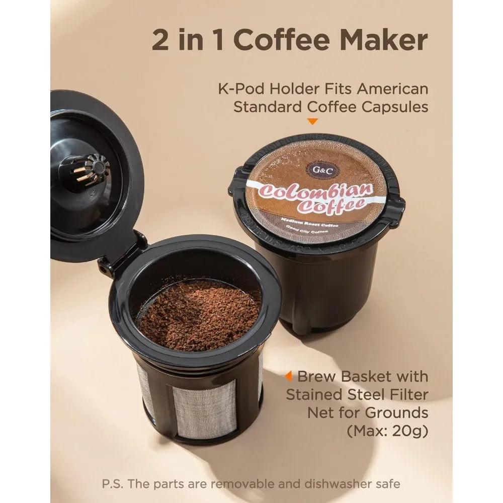 Mini Coffee Maker Single Serve, Instant One Cup  K Cup & Ground Coffee, 6 to 12 Oz Brew Sizes, Capsule Coffee Machine， Black