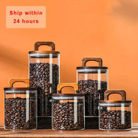 Wood Lid Glass jar Airtight Canister Food Container Tea Coffee Beans Kitchen Storage Bottles Jar Sealed Grounds Candy Jar